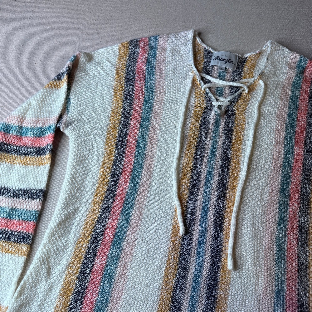 Wrangler Womens Large Lace Up V-Neck Striped Knit Top Long Sleeve White Multi